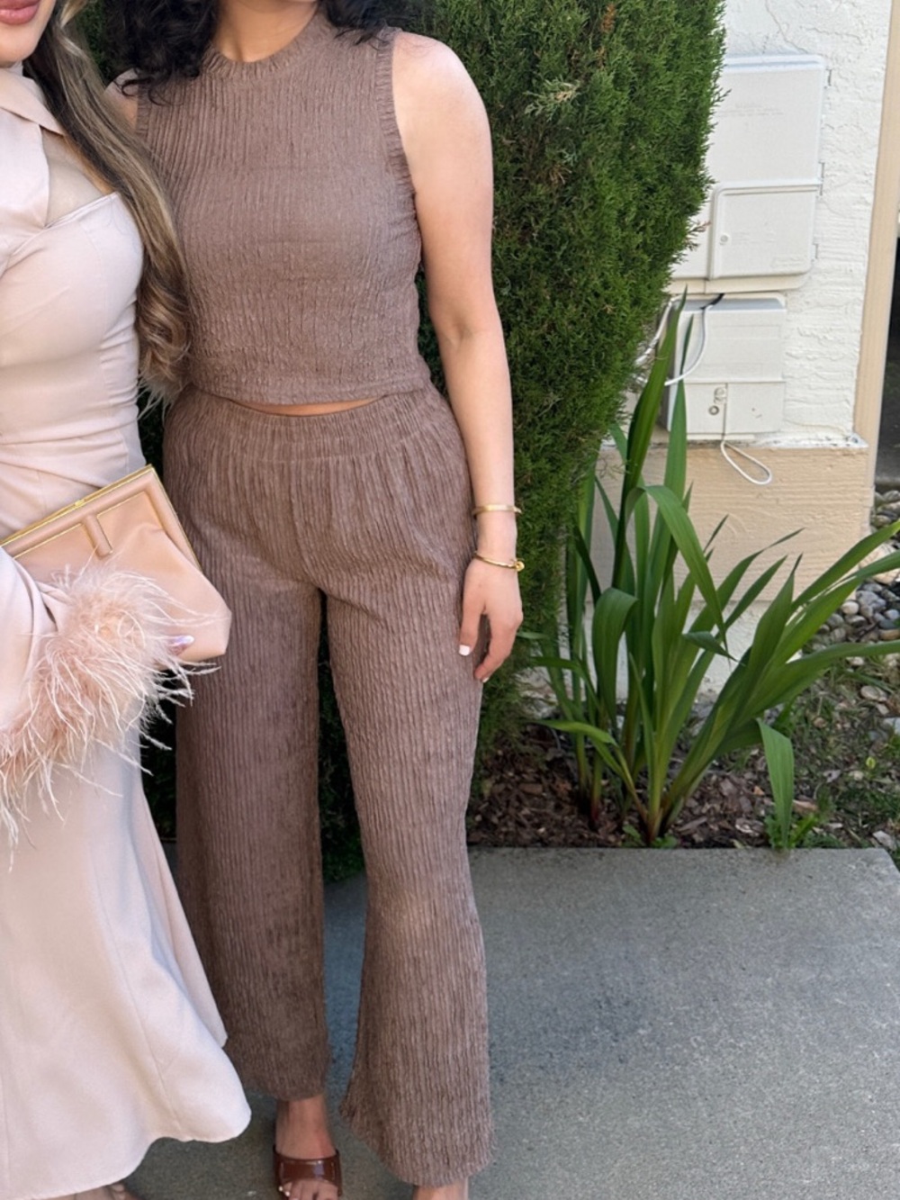 Women’s Ribbed Knit Crop Tank & Straight-Leg Pants Set — Taupe Petite